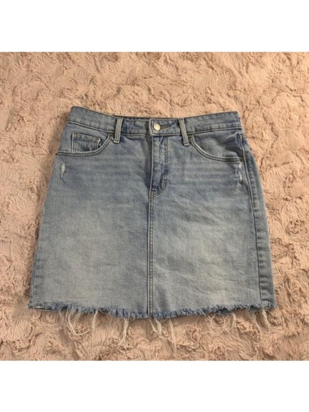 Old Navy Blue Jeans Stretch Denim Skirt Women's Size 2 Blue Distressed & Raw Hem